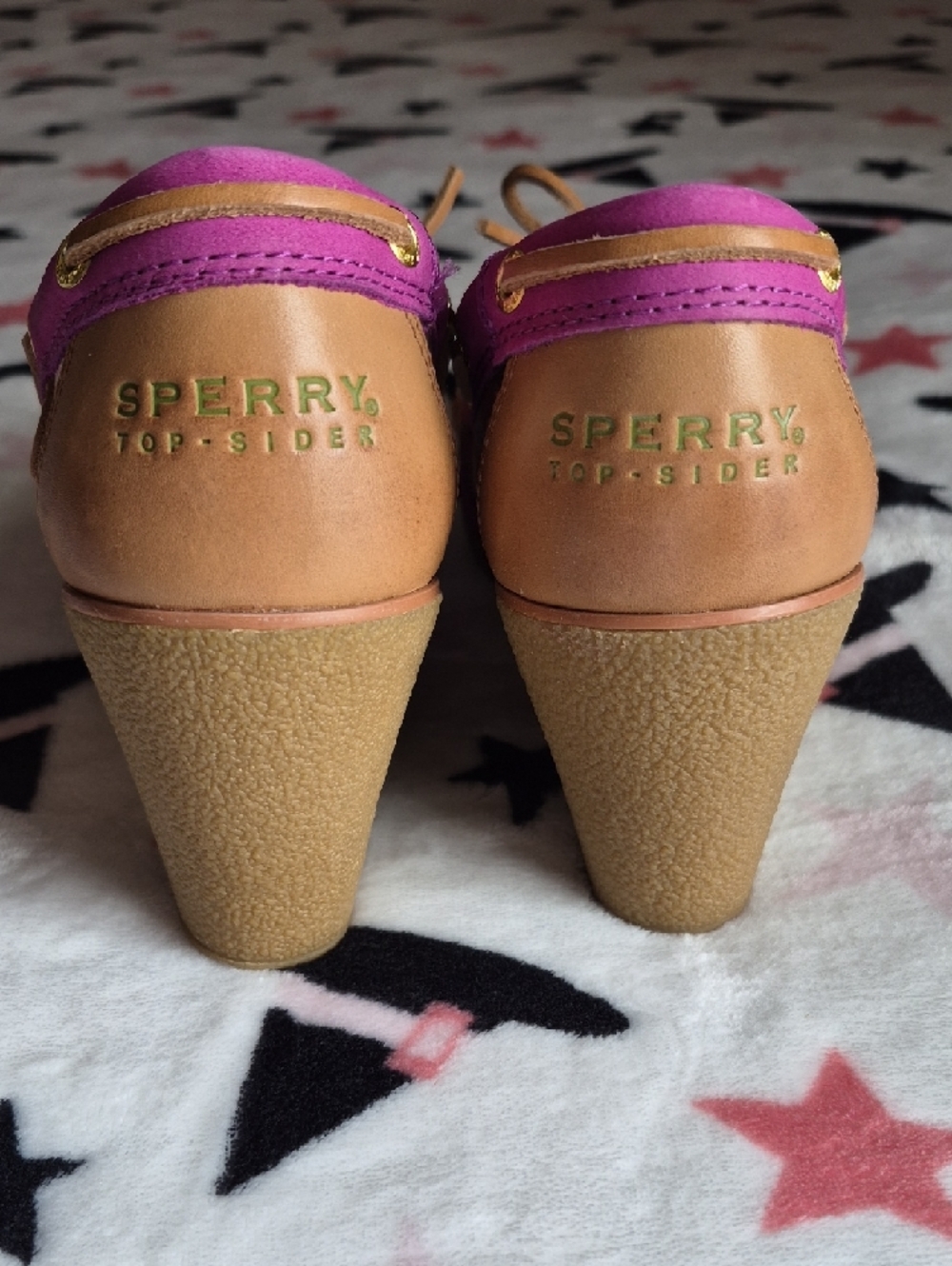 Sperry Magenta Wedge Boat Heels with Tan Laces - Picture 4 of 6